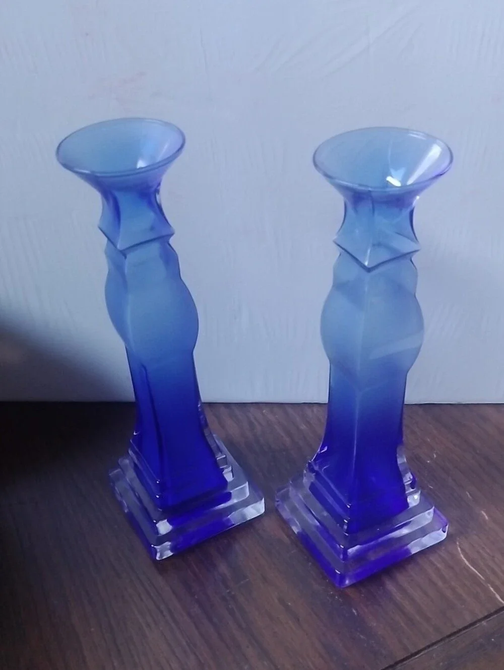 Sommerso Cobalt Blue Glass Candle Holder, Pair